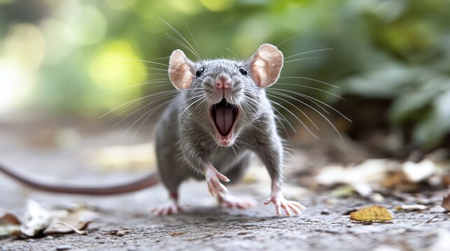 Big gray rat running away while screaming and looking scared