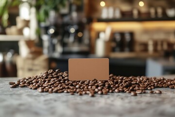 A coffee shop loyalty card mockup displayed on a countertop with coffee beans, 4k photo