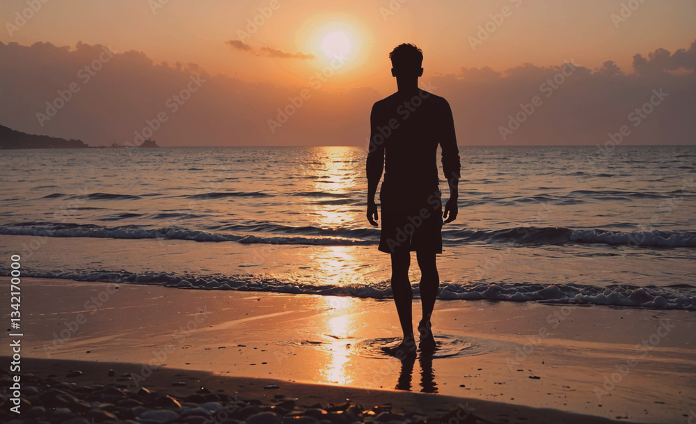 Aufkleber man stands on the beach at sunset. the sky is orange and the water is calm. the man is alone and loo