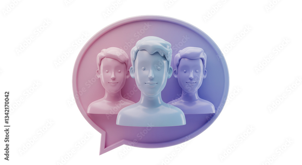 Poster isolated 3d rendering of a group communication bubble with three smiling figures, representing socia