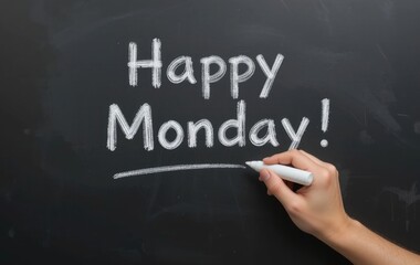 Fototapeta premium Writing Happy Monday on Chalkboard with White Chalk in Hand
