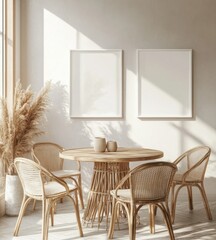 Sunlit dining room with wooden table, rattan chairs, pampas grass, and blank frames.