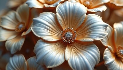 Close-up photo of metallic flowers with golden, silver petals. Floral bloom blossom background. Shine bright glossy shimmer art design. Delicate elegant luxurious nature graphic illustration. 3D