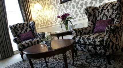 Elegant Living Room with Floral Wallpaper and Cozy Armchairs