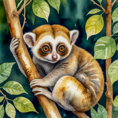 Fototapeta premium watercolor scene of a slow loris curled up on a tree branch in the humid rainforests of Sumatra