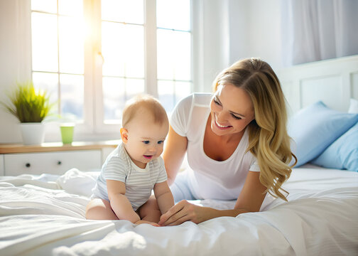 Mother and child on a white bed Mom and baby boy in diaper playing in sunny bedroom Parent and little kid relaxing at home Family having fun together Bedding and textile for infant nur