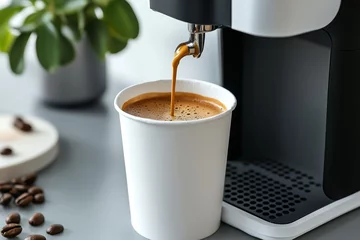 Fototapete Rund a white paper coffe cup mock up is being filled with coffee from an espresso machine © Andrey