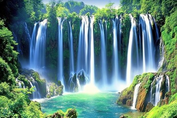 Serene waterfall cascading into vibrant pool, lush green foliage