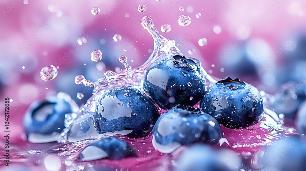 Poster fresh blueberries with water splash and droplets on pink background, macro photography showing juicy