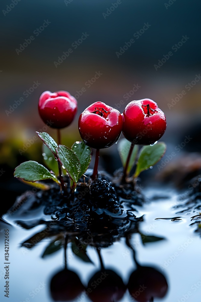 Aufkleber fresh red berries with water drops growing from dark soil, reflected in water surface. moody nature 