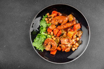 Meat ragout sausages, vegetable stew dish fresh tasty food gourmet food background on the table rustic food top view copy space