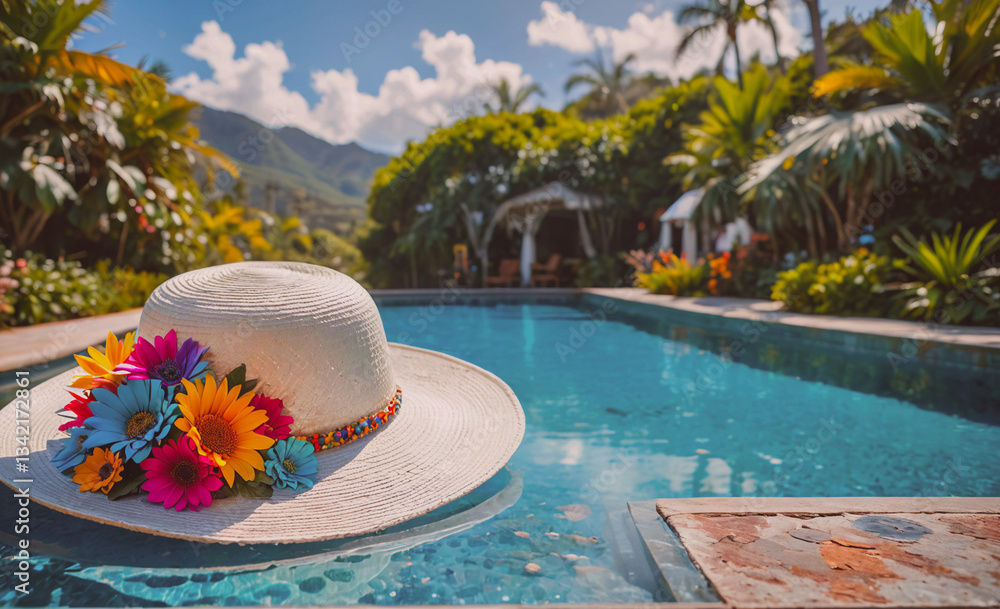 Poster white hat with flowers on it is floating in a pool. the hat is placed on the edge of the pool, and t