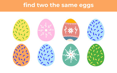 Find 2 identical easter egg, fun education puzzle game for children, preschool worksheet activity for kids,