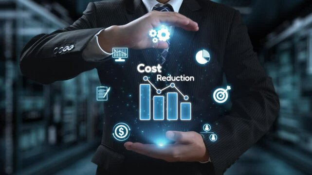 A business professional showcases digital icons representing cost reduction strategies in a modern office environment, illustrating data analytics and financial growth concepts. Qubit
