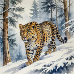 Obraz premium watercolor of an Amur leopard laying on the snowy forests of Primorye, Russia. The scene includes frost-covered pine trees, soft snowflakes falling