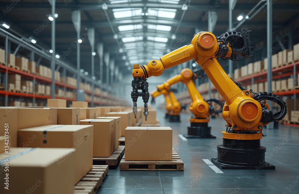Poster Modern warehouse with automated robotic arms lifting cardboard boxes. Smart logistic parcel sorting center, delivery transportation system. Factory industry innovation, artificial intelligence,