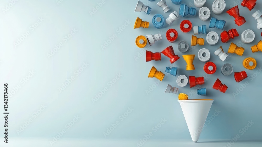 Poster abstract colorful 3d render: conical explosion of shapes