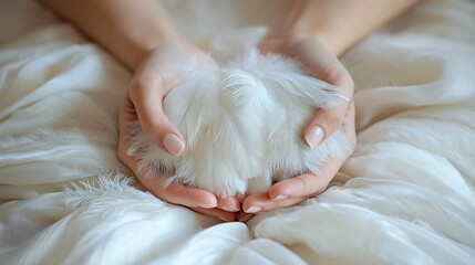 Hands holding feather, soft light, white fabric