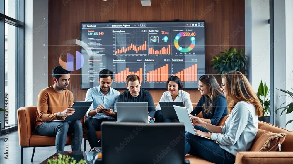 Poster teamwork in modern office space analyzing data charts and graphs on a large screen display for progr