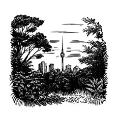 Engraved illustration of a city skyline framed by lush foliage showcasing vintage tattoo design elements