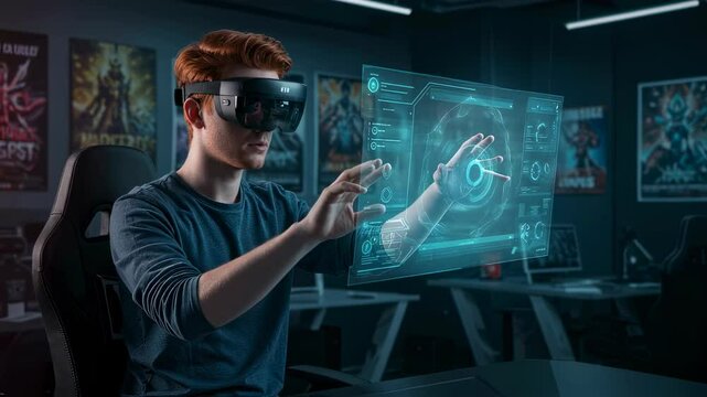 Man Using VR Headset Interacting with Virtual Interface. Guy Exploring Metaverse with Futuristic Technology in Motion Video. Virtual Reality Gaming and Digital World.