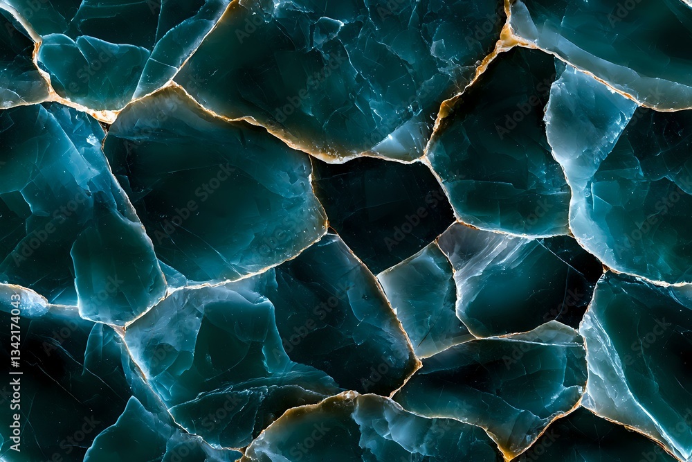 Poster cracked turquoise stone texture with golden veins creating abstract pattern. natural mineral surface