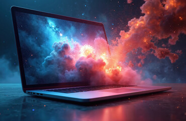 Explosive cosmic event emerges from laptop screen, combining tech with cosmos. Nebula galaxy universe blends with technology, innovation, imagination in vibrant digital artwork, color explosion.