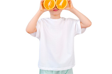 The girl is wearing a white blank T-shirt. Stylish cute girl with orange.Template for design, copy space for logo, text. Front view. Mockup, summer concept.