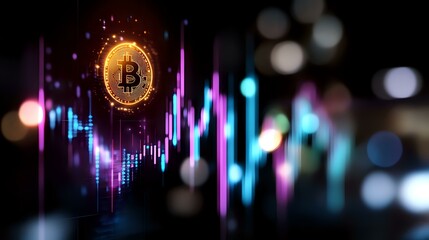 Glowing cryptocurrency symbol with neon trading chart lines and bokeh lights on dark background, modern financial technology concept.