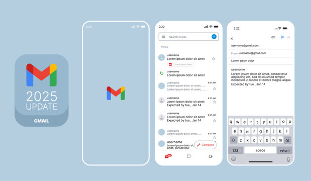 Gmail UI mockup template. Gmail email inbox and message interface design. Gmail user dashboard, compose window, and conversation thread layout. Gmail website and mobile app for online communication.