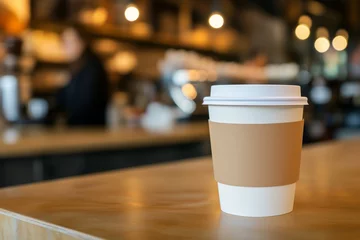 Gordijnen Blank coffee cup sleeve mockup resting on a cafe counter with blurred customers © Andrey