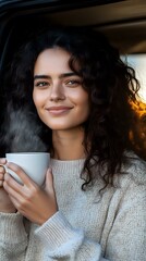 Young Mediterranean woman with curly dark hair smiling while holding steaming coffee cup at sunset, wearing cozy knit sweater. Natural beauty and warm atmosphere.