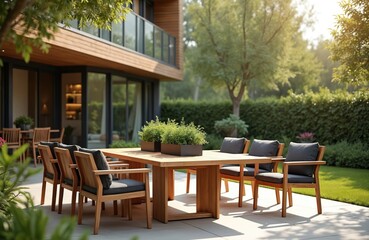 Outdoor dining area with wooden furniture in garden. Summer terrace with table, chairs, green plants in pots. Relaxing vacation in backyard home for cozy dinner, outdoor kitchen cafe.