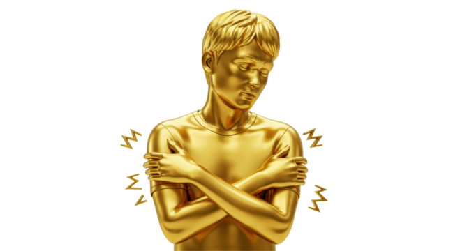 Isolated Golden Figure Clasping Body with Cold Shivers