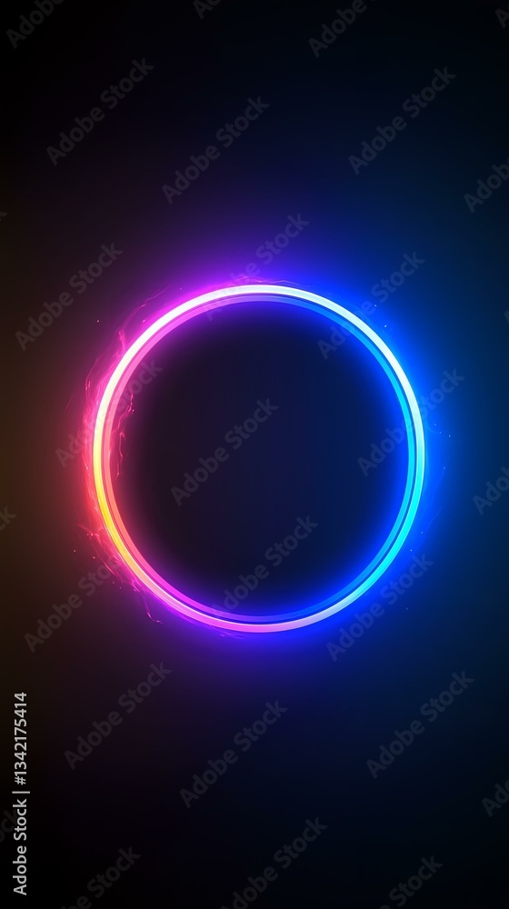 Poster glowing neon circle frame with gradient color transition from pink to blue on dark background, elect