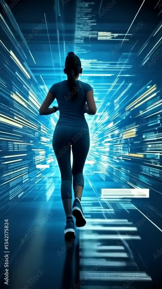 Poster runner in futuristic environment with glowing blue light and digital patterns at high speed