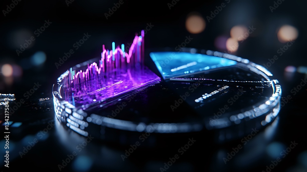 Poster futuristic financial graph with glowing purple peaks on circular chart against dark background with 