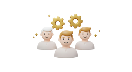 Isolated Team of Smiling Figures with Gears Symbolizing Collaboration