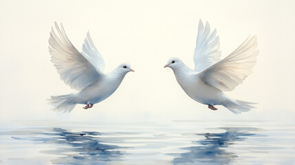 Fototapeta premium Watercolor painting of doves flying above a calm lake, soft blended brushstrokes, light blue and white tones, peaceful and poetic mood