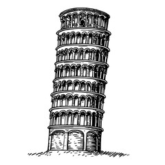 Unique engraved illustration of a tilted tower showcasing vintage architectural design in monochrome style
