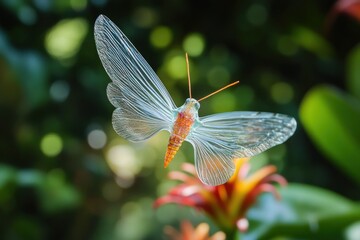Translucent Wings in Flight A Stunning Insect with Delicate Glasslike Wings Against a Lush G