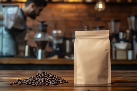Brown paper packaging standing on wooden table with coffee beans and barista preparing coffee in background