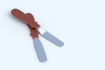 Set of cake decorating spatulas on light gray background. Confectionery tool. Professional equipment. Copy space. 3d rendering