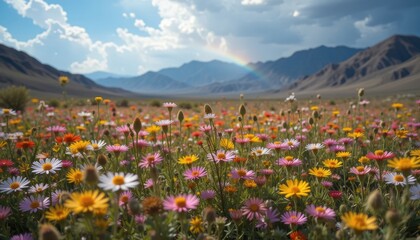 Fototapeta premium Wildflower Meadow Blooms Under Rainbow and Mountain Landscape Scenery