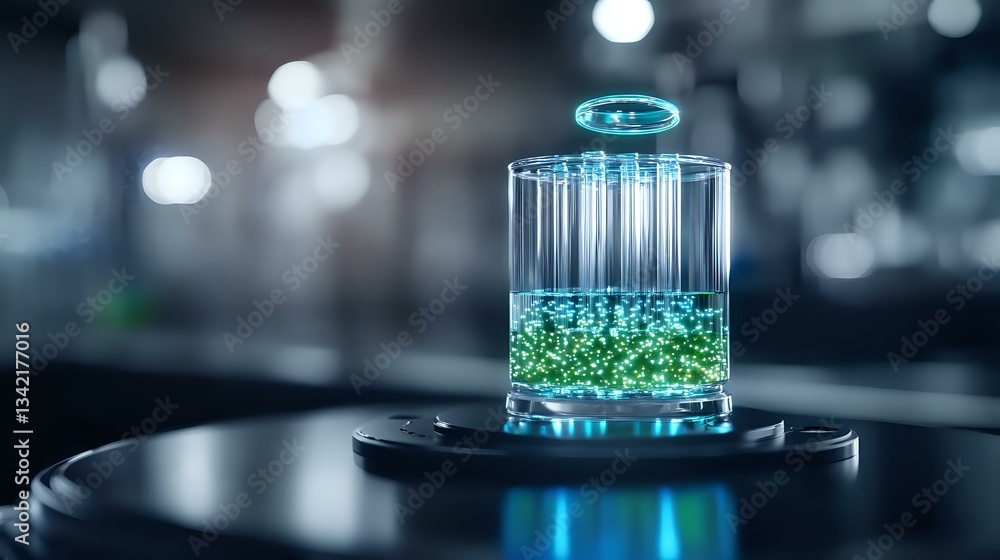Poster futuristic glowing cylinder with floating ring and green particles inside on dark background with bo