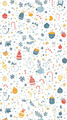 Whimsical winter-themed pattern featuring snowmen, ornaments, and festive elements on a light background