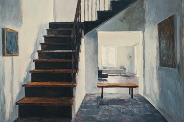 Sunlit hallway with wooden staircase, leading to a bright living room.