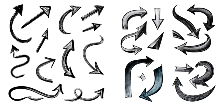 Hand-drawn Arrow Designs for Creative Direction and Navigation, Isolated on Transparent Background