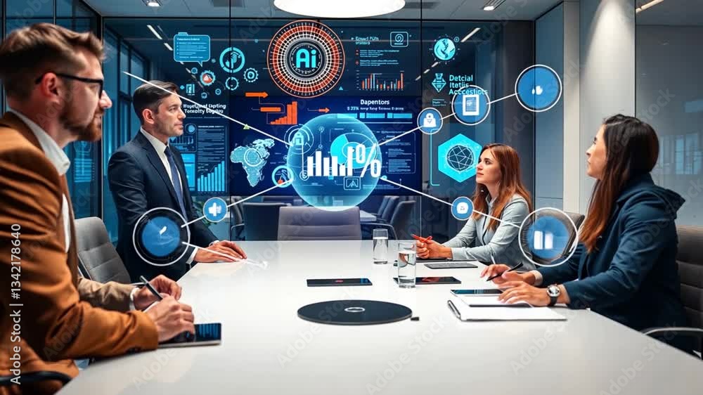 Poster innovative business meeting displaying interactive ai data visualizations for strategic collaboratio
