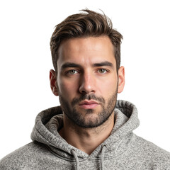 Fototapeta premium Close up photo of surprised bearded man in hoodie with raised eyebrows and O shaped mouth Emotive expressions on white background